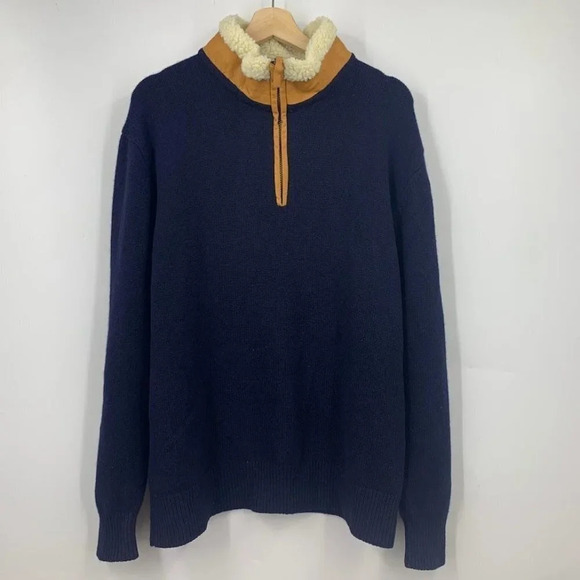 Orvis Men's Quarter‎ Zip 100% Lambswool and Leather Long Sleeve Pullover Size L - Picture 1 of 11